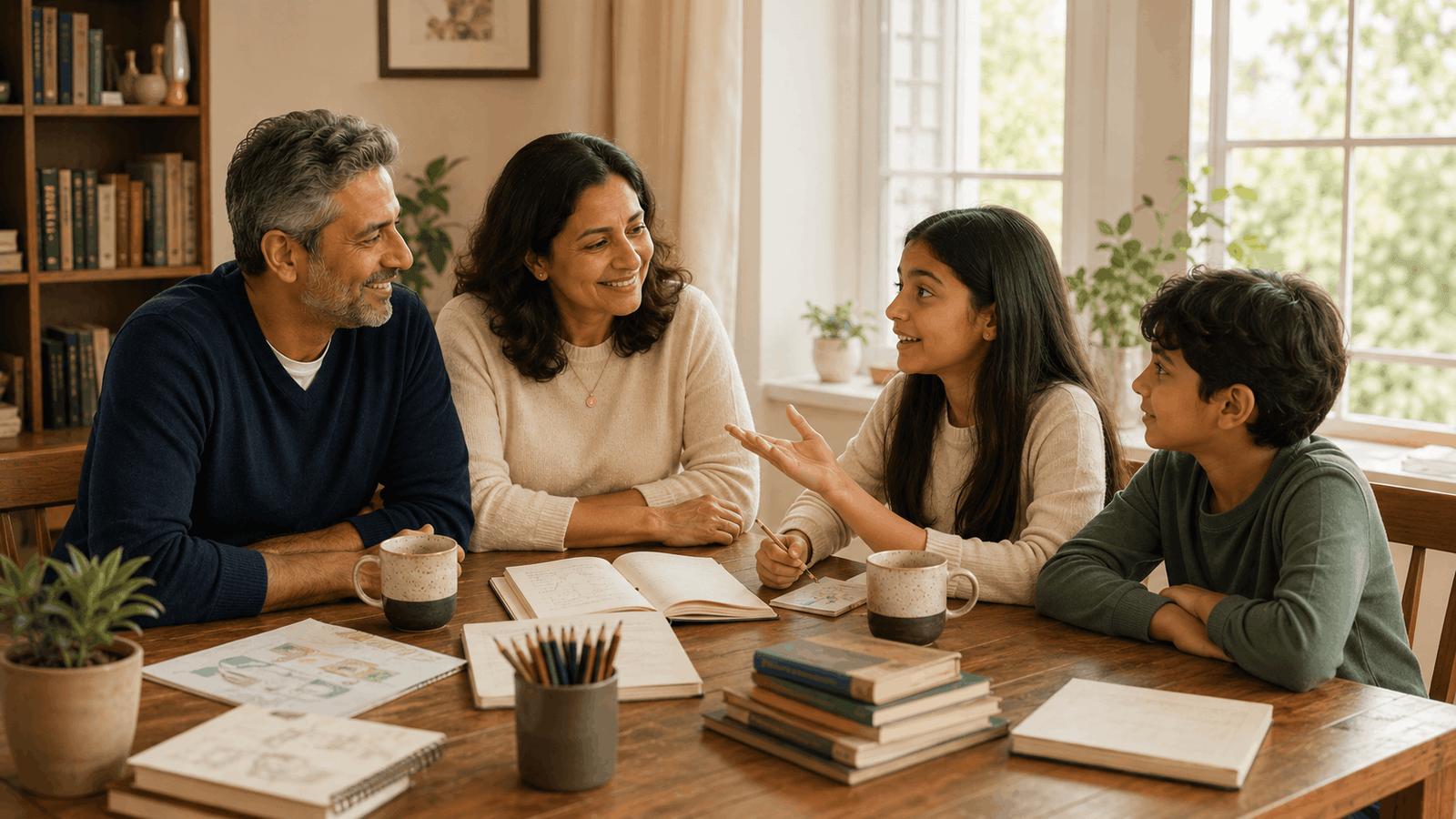 Family learning together around a kitchen table