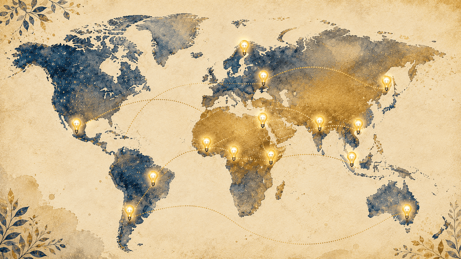 Illustrated world map with glowing lightbulb markers