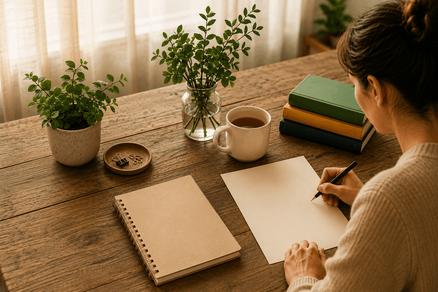 Parent writing a letter at a kitchen table